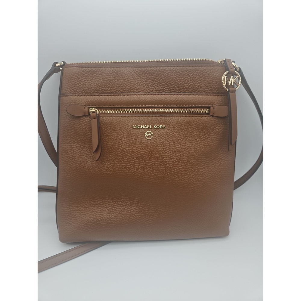 MICHAEL KORS JS Pebbled Leather Flat Crossbody Luggage Brown Bag AUTHENTIC